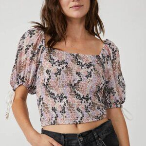 NWT Free People Back On Top Crop Smocked Shirt Blouse Soft Combo Puff Sleeve S